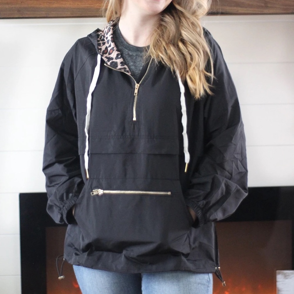 Main Strip Black with Leopard Hooded Windbreaker